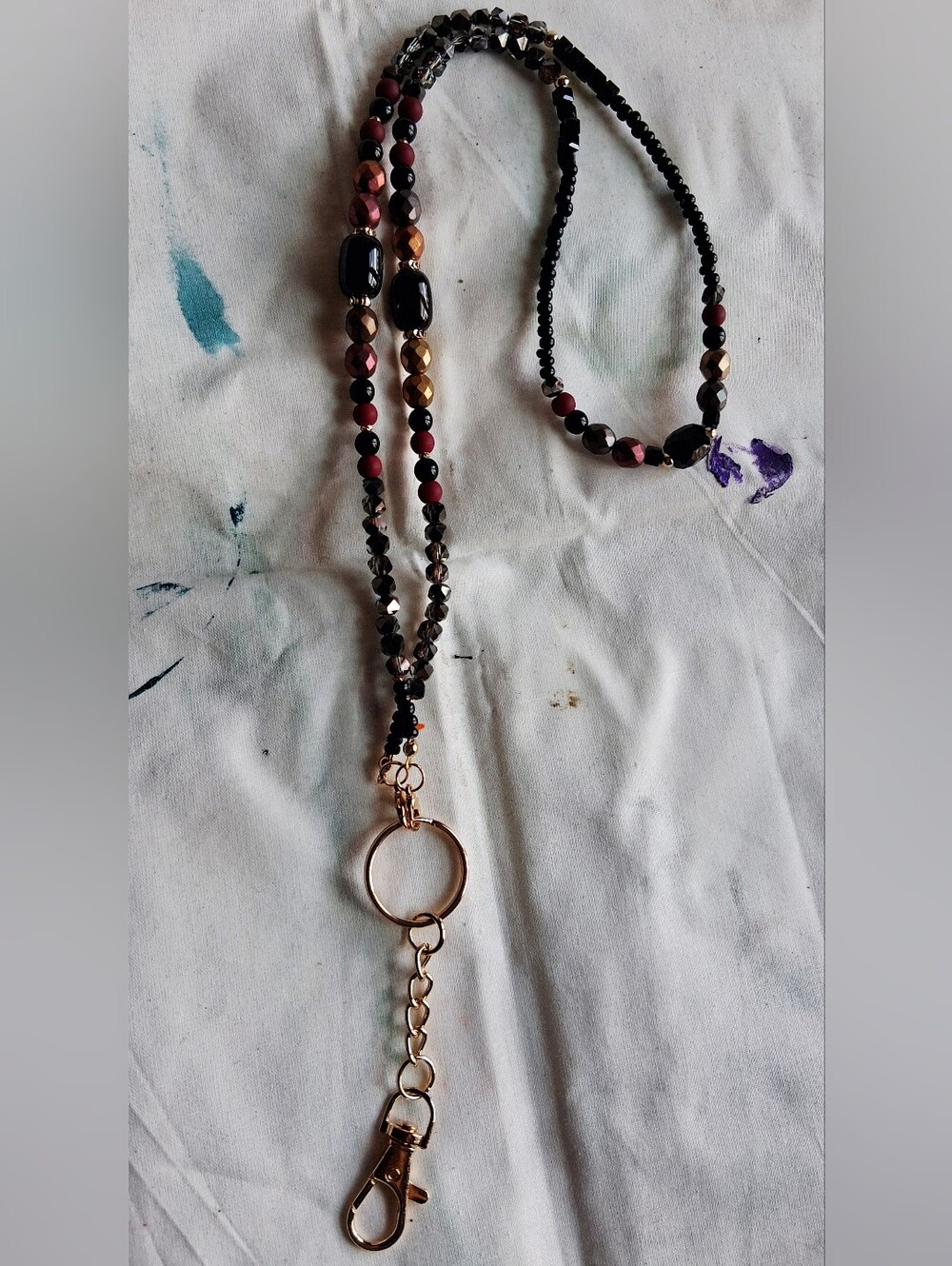 Stylish Black and Burgundy Beaded Lanyard Necklace with Gold Ring